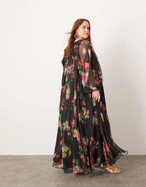 ASOS EDITION Curve - Maxi jurk van chiffon met volumineuze mouwen en bloemenprint op een zwarte ondergrond - view 1