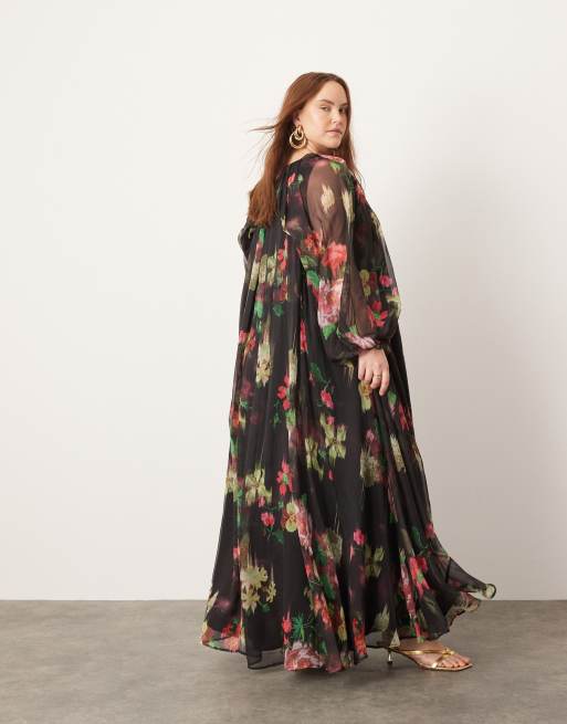 ASOS EDITION Curve - Maxi jurk van chiffon met volumineuze mouwen en bloemenprint op een zwarte ondergrond