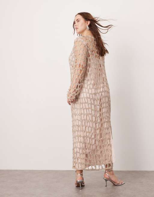 ASOS Edition - Curve - Midaxi jurk versierd met uitgesneden cirkels in zilver, 3 van 4