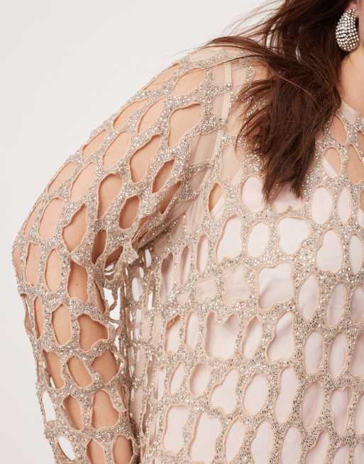 ASOS Edition - Curve - Midaxi jurk versierd met uitgesneden cirkels in zilver, 4 van 4