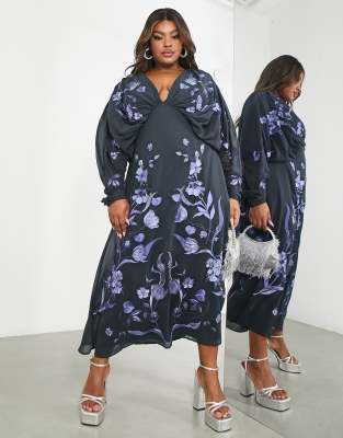 ASOS EDITION Curve - Midi-Etuikleid aus Chiffon in Petrol mit Blumenstickerei und Fledermausärmel-Marineblau