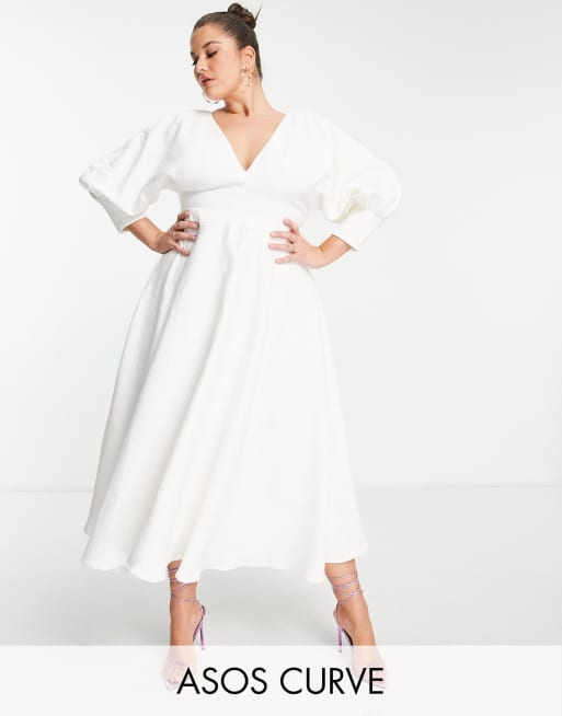 ASOS EDITION Curve - Midi-jurk met blousonmouwen en textuur in wit