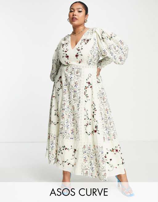 ASOS EDITION Curve - Midi-jurk met geborduurde bloemen en kanten inzetstukken 