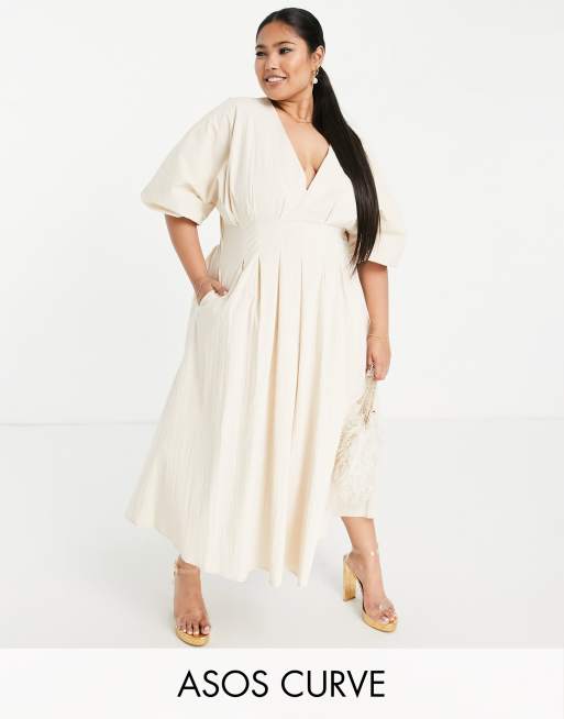 ASOS EDITION Curve - Midi-jurk met geplooide taille en blousonmouwen in crème