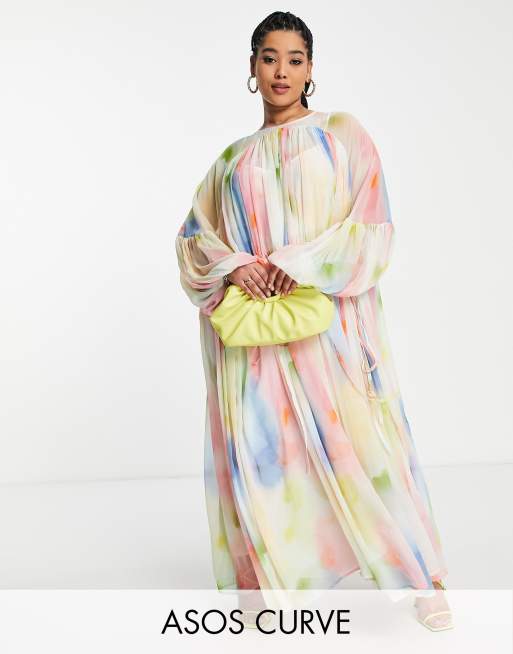 ASOS EDITION - Curve - Midi jurk met gerimpelde hals in kleurig ombre