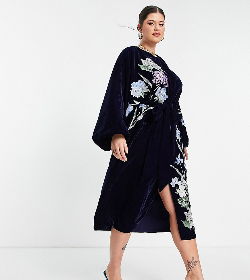 ASOS EDITION Curve midi shift dress in velvet with floral embroidery in navy