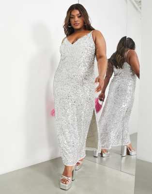 ASOS EDITION Curve - Midi-Trägerkleid in Silber mit durchgehendem Paillettenbesatz