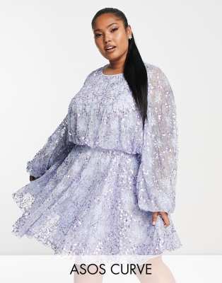 ASOS EDITION Curve - Minikleid in Flieder mit Blumenverzierungen, Blousonärmeln und geschnürter Taille-Lila