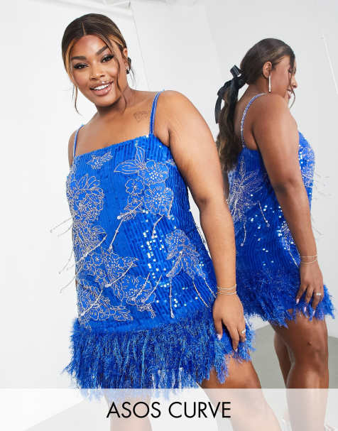 ASOS EDITION Curve – Minikleid in leuchtendem Blau mit Blumen- und Paillettenverzierung und Federimitat am Saum - view 1