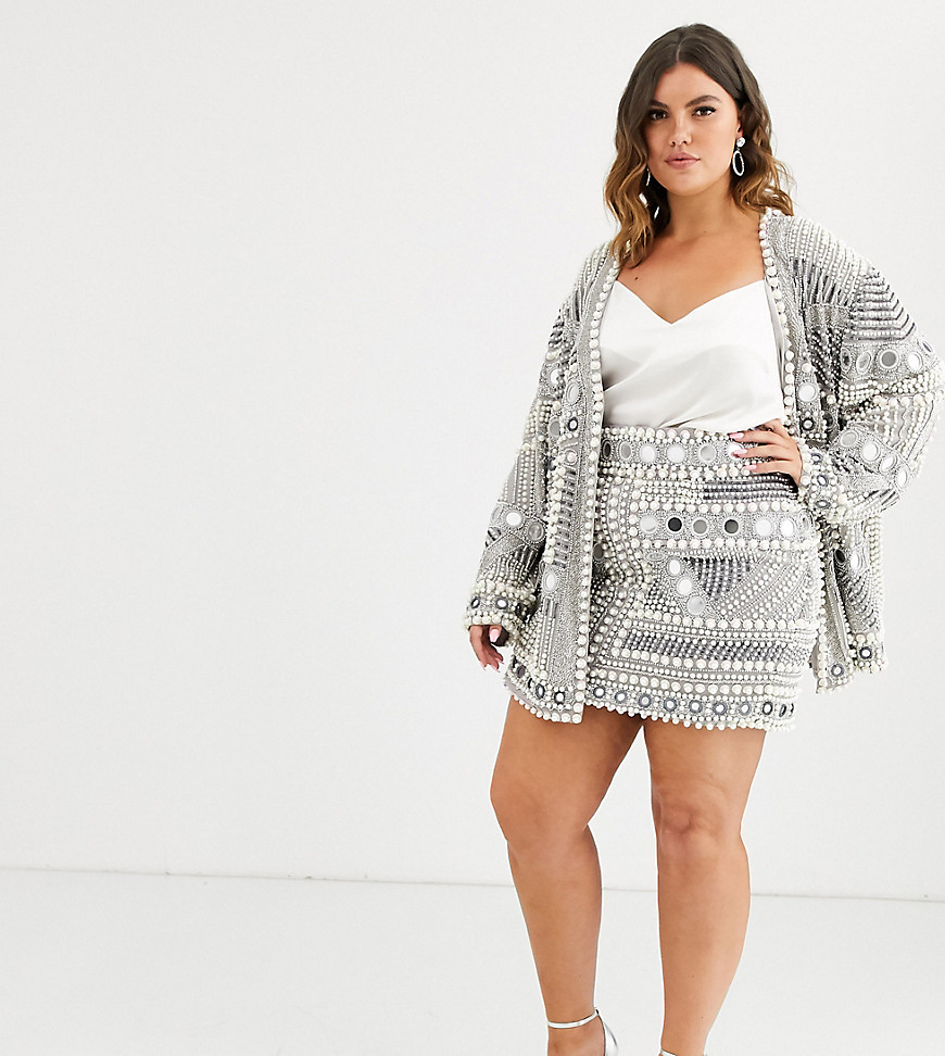 ASOS EDITION Curve mirror and pearl mini skirt-Silver