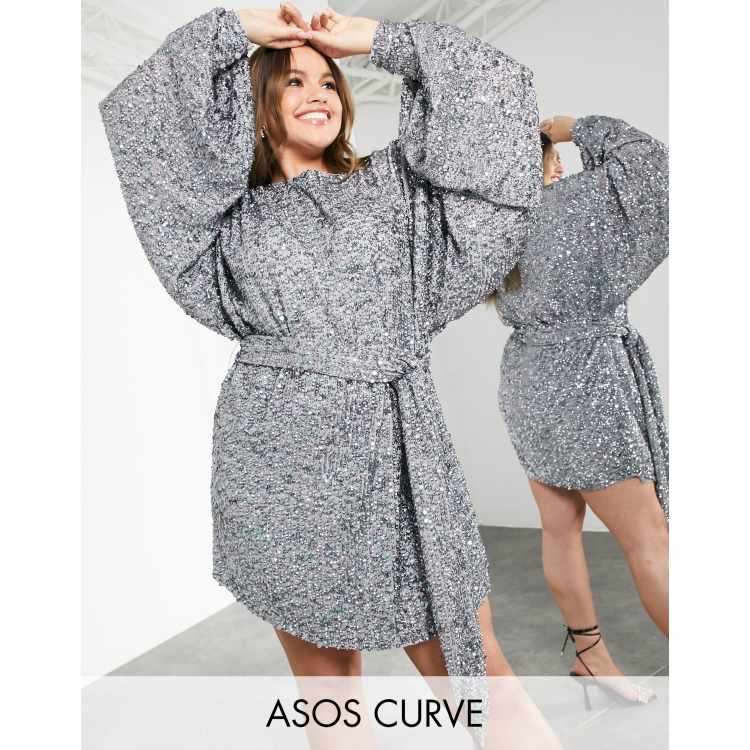 asos edition oversized blouson sleeve mini dress in sequin ASOS EDITION Curve mixed sequin mini dress with oversized blouson sleeves  in silver