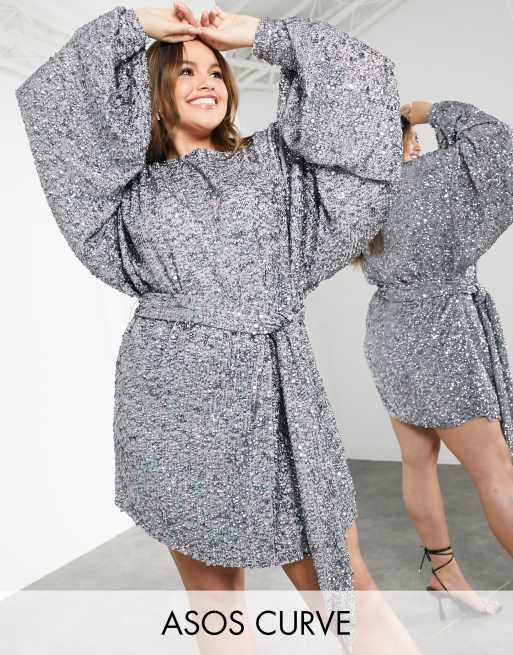 ASOS EDITION Curve mixed sequin mini dress with oversized blouson sleeves in silver