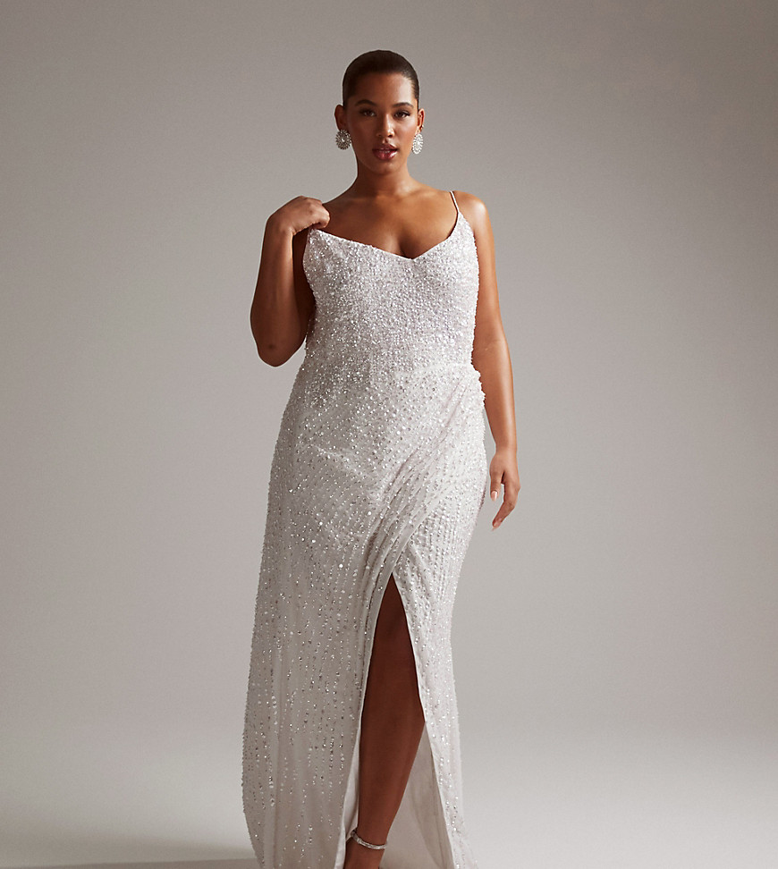 Asos Design Curve Nia Embellished Drape Side Cami Maxi Wedding Dress In Ivory-white