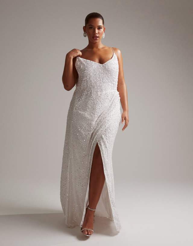 ASOS EDITION Curve Nia embellished drape side cami maxi wedding dress in ivory