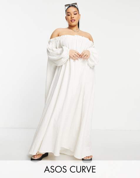 ASOS EDITION Curve off shoulder midi dress in textured check in oatmeal - view 1