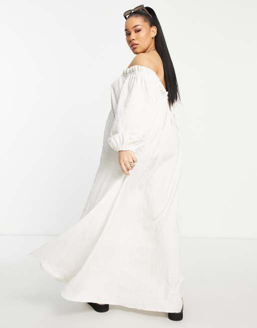 ASOS EDITION Curve off shoulder midi dress in textured check in oatmeal, 2 of 4