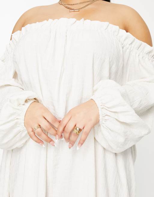 ASOS EDITION Curve off shoulder midi dress in textured check in oatmeal, 3 of 4