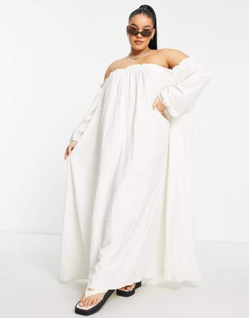 ASOS EDITION Curve off shoulder midi dress in textured check in oatmeal, 4 of 4