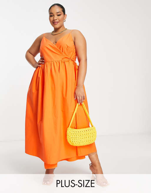 ASOS EDITION Curve - Orange midi-sundress med smock-snit og slå-om-detalje
