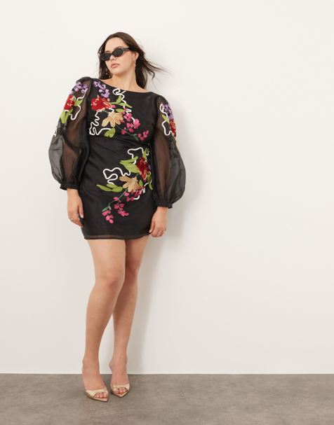 ASOS EDITION Curve organza long sleeve embroidered tie back mini dress in black - view 1