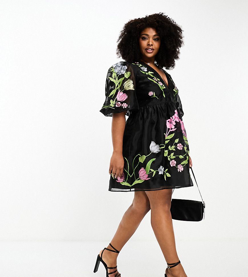 ASOS EDITION Curve organza short sleeve mini dress with floral embroidery in black
