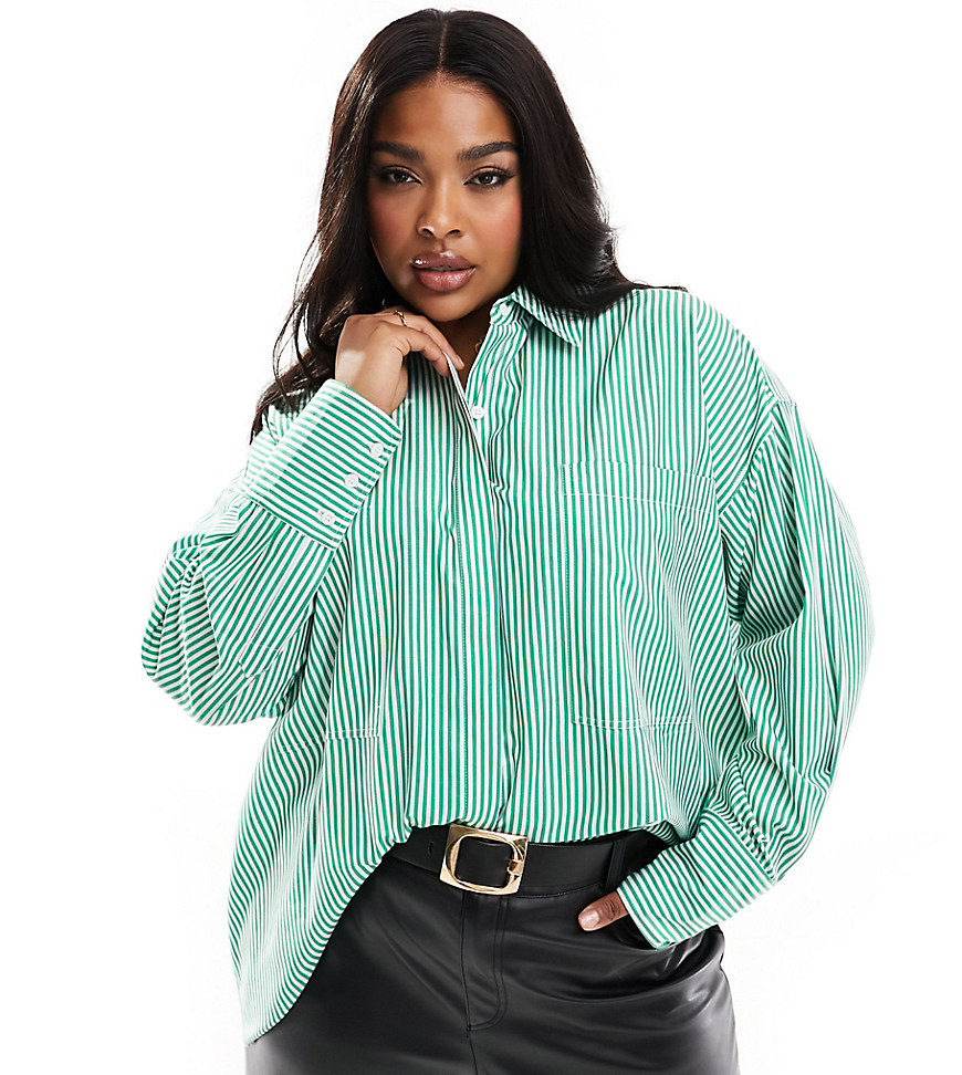 Shop Asos Design Curve Oversized Cotton Shirt In Green Stripe-multi