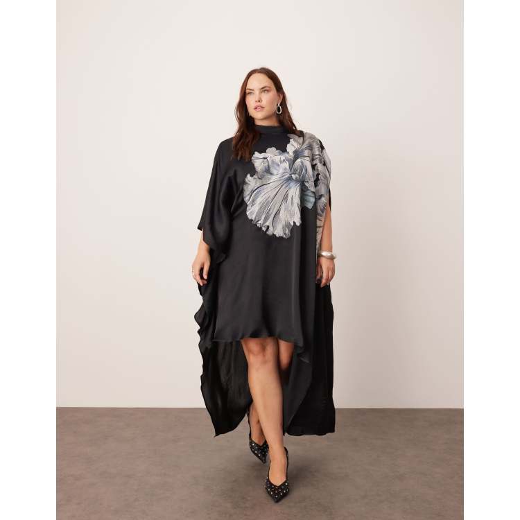 ASOS EDITION Curve oversized floral embroidered high neck asymmetric hem midi  dress in black | ASOS