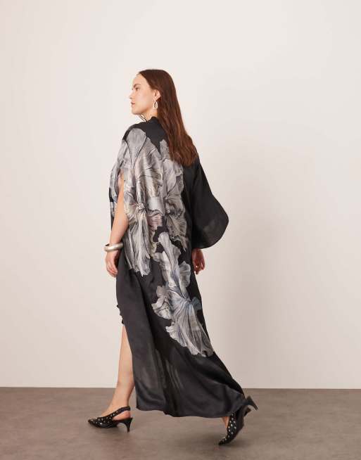 ASOS EDITION Curve oversized floral embroidered high neck asymmetric hem midi  dress in black | ASOS