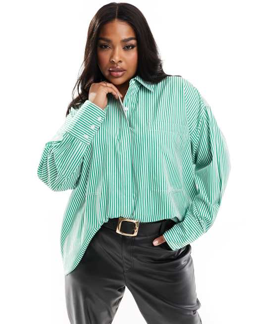 ASOS EDITION Curve - Oversized gestreept overhemd van katoen in groen