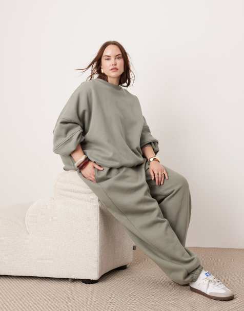 ASOS EDITION Curve oversized premium heavy weight sweatpants in olive green - view 1