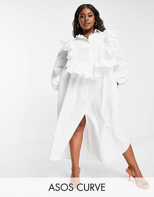ASOS EDITION Curve oversized shirt dress with ruffle detail in white