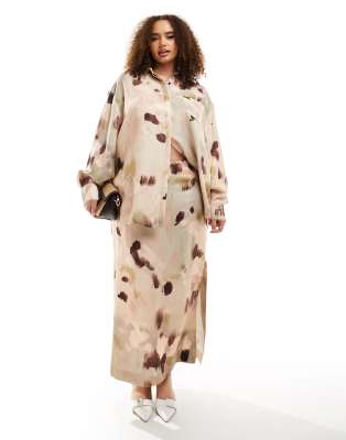 Asos Edition Curve Oversized Shirt In Neutral Smudge Print-Multi