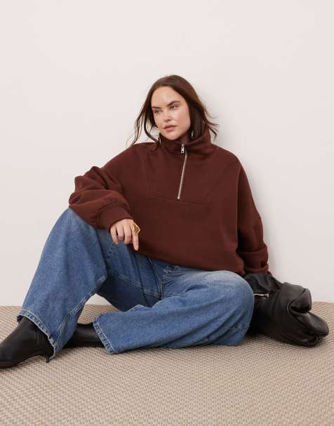 ASOS Edition - Curve - Oversized sweatshirt van premium zware stof met halve rits in chocolade - view 1