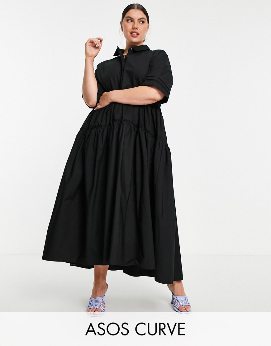 ASOS EDITION Curve oversized tiered shirt dress in black
