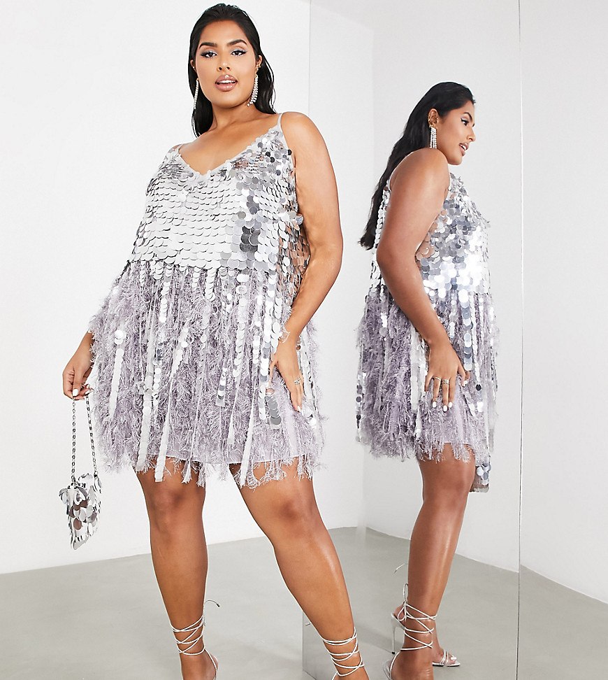 ASOS EDITION Curve paillette sequin mini dress with faux feather hem in silver and lilac