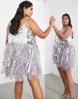 ASOS EDITION Curve paillette sequin mini dress with faux feather hem in  silver and lilac | ASOS