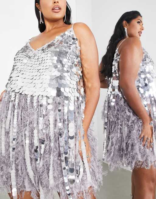 ASOS Edition Curve Paillette Fringe Sequin Cami Shift Mini Dress in Silver