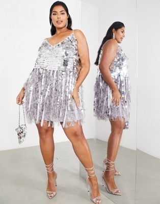 ASOS DESIGN CURVE PAILLETTE SEQUIN MINI DRESS WITH FAUX FEATHER HEM IN SILVER AND LILAC