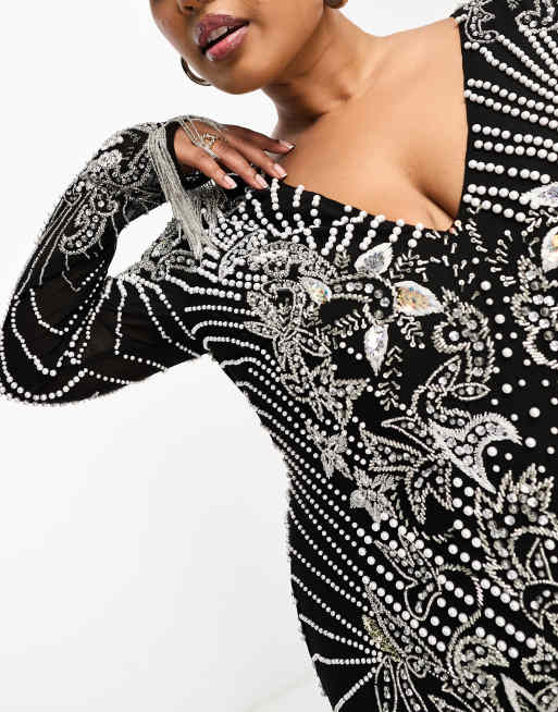 ASOS EDITION Curve pearl and beaded fringe mini dress with v neck n black |  ASOS