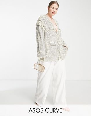 ASOS EDITION Curve pearl embellished jacket in silver