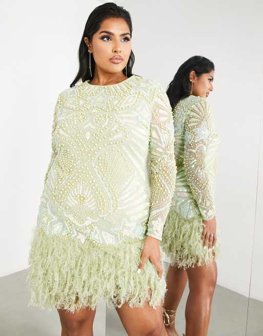 ASOS EDITION Curve pearl & sequin star faux feather hem mini dress in pastel green, 4 of 4