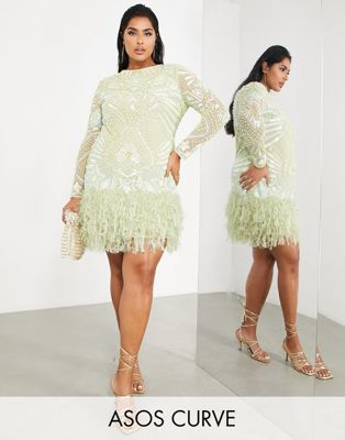 ASOS EDITION Curve pearl & sequin star feather hem mini dress in pastel green