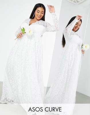 ASOS EDITION Curve Penny V neck lace wedding dress in Ivory - ASOS Price Checker