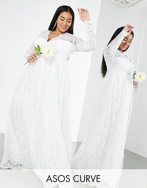 Women Curve Penny V neck lace wedding dress in Ivory 