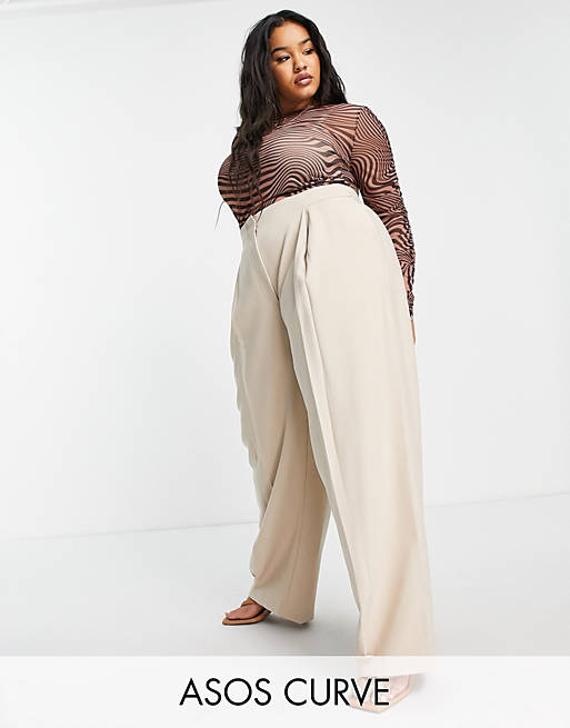 ASOS EDITION Curve pleat front wide leg pants in stone 