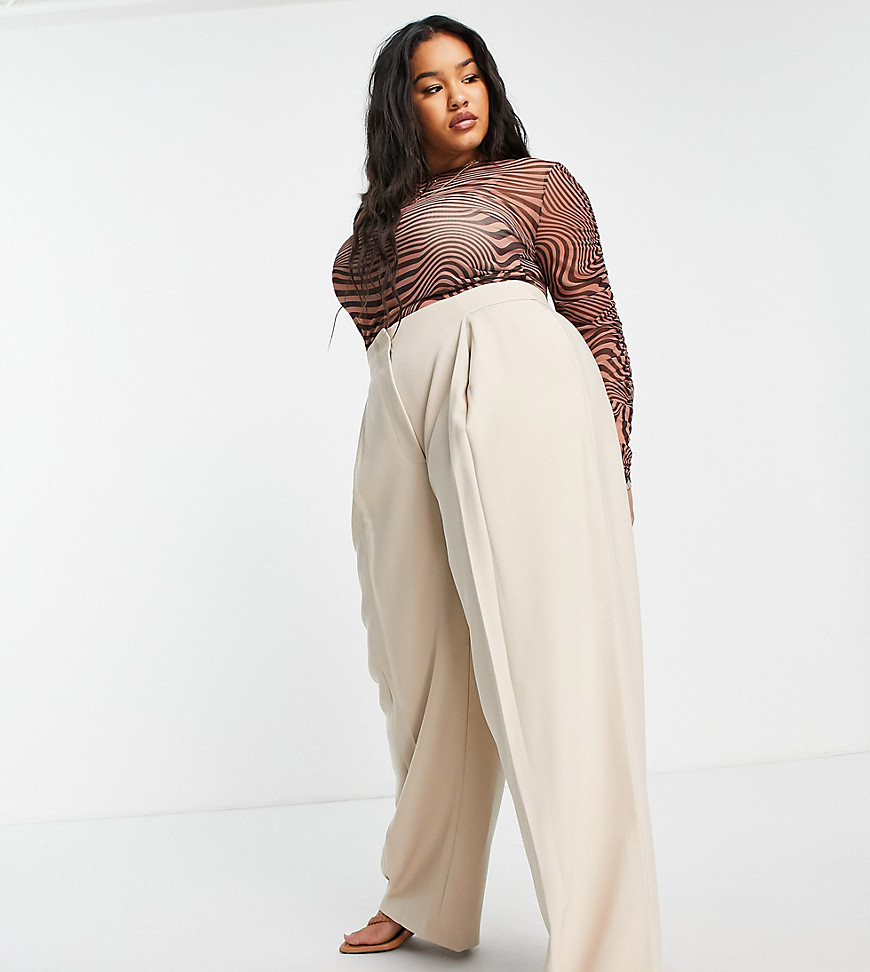 ASOS EDITION Curve pleat front wide leg trouser in stone-Neutral