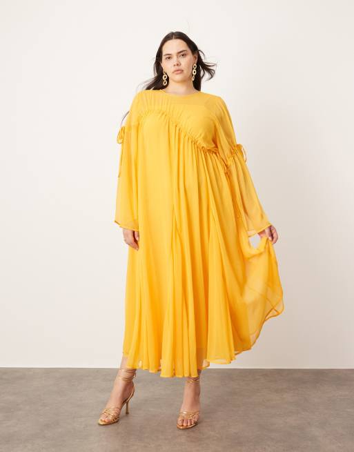 ASOS Edition Curve – Pomarańczowa szyfonowa sukienka maxi z długimi rękawami i zbieranymi wstawkami