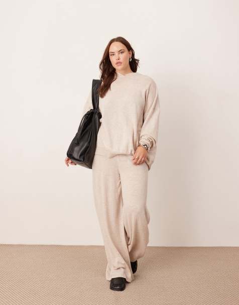 ASOS EDITION Curve premium blend knit wide leg pants and knit hooded sweater set in oat - view 1