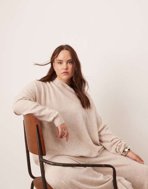 ASOS EDITION Curve premium cashmere blend knit hooded jumper in oat (part of a set)