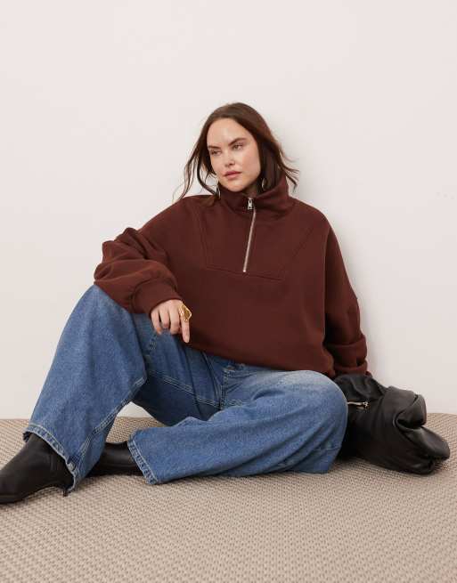 ASOS Edition Curve - Premium - Chokoladebrun og oversized sweatshirt i kraftigt materiale med kort lynlås